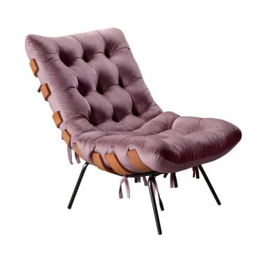 Imagem de Poltrona Costela Decorativa Veludo com Fibra Siliconada Pés de Madeira Roxo Bella Decor