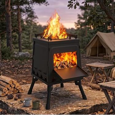 Imagem de Fogão a lenha, fogão a lenha portátil para acampamento, aquecedor de barraca dobrável, pequeno fogão de acampamento ao ar livre com bolsa de transporte, para cozinhar, aquecer, piquenique, caminhadas