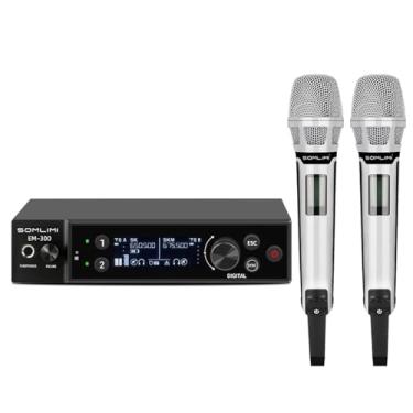 Imagem de SOMLIMI EM-300 UHF Sistema de micrófono inalámbrico Profesional de 2 Canales 2 de Mano para Cantar Escenario Actuaciones Inicio KTV Partido Mostrar Rap Karaoke Boda Iglesia (EM-300-branco)