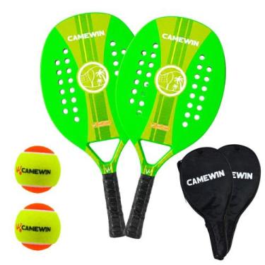 Imagem de Kit 2 Raquetes Beach Tennis Camewin Carbono + 2 Bolinhas, Neon