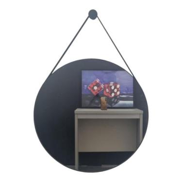 Imagem de Espelho Redondo Adnet Lyo 70cm Couro Preto Design Moderno p/ Sala Quar