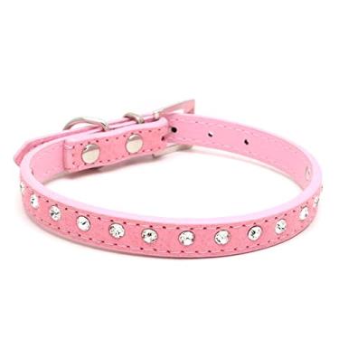 Imagem de Dogs Kingdom Coleira para cães de estimação de 25,4 a 41,9 cm, comprimento total, camurça, strass, diamante, cravejado, couro, cachorro, gato, coleira rosa XS