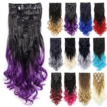 Imagem de IMISSU Conjunto de 7 peças clipe longo encaracolado em extensão de cabelo ombre cor cabeça cheia extensões de cabelo peruca para menina (Ombre roxo)