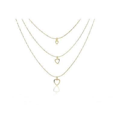 Imagem de Colar Triplo De Corações Vazados Folheado Em Ouro 18K