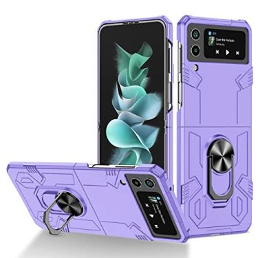 Imagem de zhouye Capa de telefone militar para Samsung Galaxy Z Flip 4, suporte de anel giratório de 360° integrado magnético com tudo incluído capa à prova de choque para PC, roxo