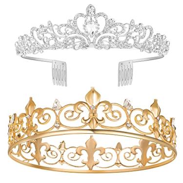 Imagem de KRDADELF Conjunto de coroas reais de rei e rainha, 2 peças, coroas douradas para homens e tiaras rainhas prateadas para mulheres, coroa de casal de cristal para noiva, formatura, festa de aniversário,