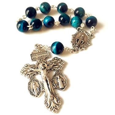 Imagem de elegantmedical Bracelete de rosário de pavão feito à mão com contas de jade de olho de tigre para carro oração católica de uma década com perdão crucifixo presente, Metal, Ágata