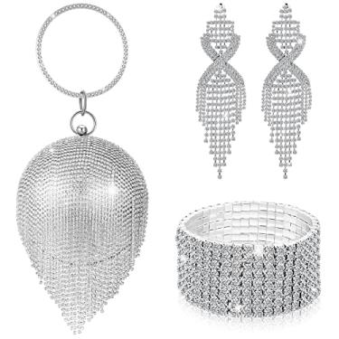 Imagem de Bolsas de prata para mulheres noite cristal clutch bolsa de mão brilhantes borla strass bolsas de mão redondas prata prata brincos pendurados longos strass pulseira elástica para mulheres festa de casamento, Prata