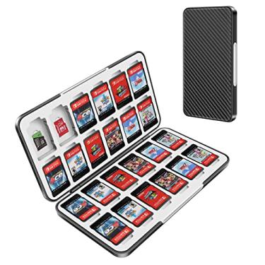 Imagem de OLDZHU Suporte de capa de jogo Switch compatível com Nintendo Switch & Switch OLED, caixa de armazenamento para 24 cartuchos de jogos e 24 cartões micro SD, capa de jogo portátil com interruptor, textura preta