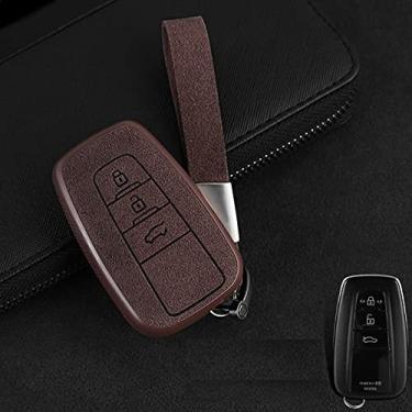 Imagem de YJADHU Porta-chaves de carro de couro chaveiro capa de chave de carro, apto para Toyota CHR C-HR Prado Prius Camry Corolla RAV4 2017 2018 2019, 3 botões marrom