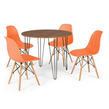 Imagem de Conjunto Mesa de Jantar Redonda Hairpin 90cm Natural com 4 Cadeiras Eames Eiffel - Laranja