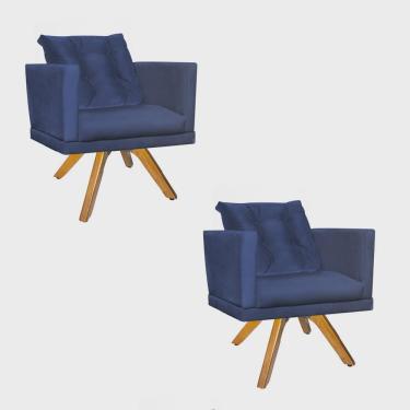 Imagem de Kit 02 Poltrona Cadeira Kim Luxo Confort Giratória Caramelo Com almofada Solta Suede Azul Marinho - Ahazzo Móveis