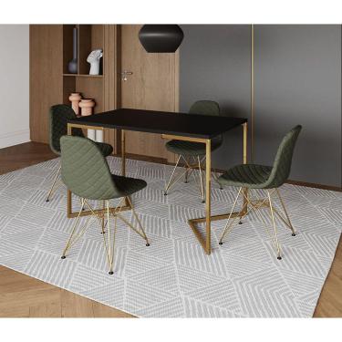 Imagem de Mesa Jantar Industrial Retangular Preta 120x75 Base V + 4 Cadeiras Estofada Eames Verdes Aço Dourado