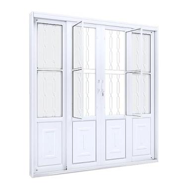 Imagem de Porta de Correr Aço Central com Postigo e Grade Mosaico 2 Folhas Móveis e 2 Fixas Lucasa Facilità 213cmx200cmx13cm Branco