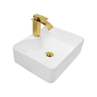 Imagem de Kit Cuba Pia Louça Cerâmica Banheiro C/Torn E Vál Dourada 31