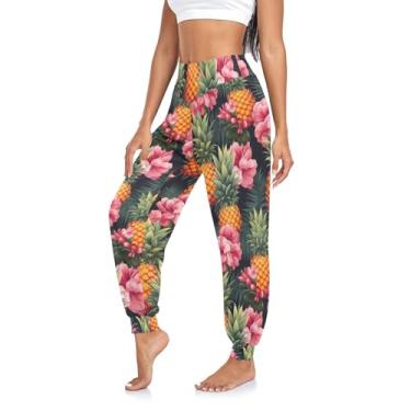 Imagem de Calça de moletom feminina vintage de cintura alta harém para ioga joggers para treino e exercícios, Abacaxis dourados e flores rosa, M