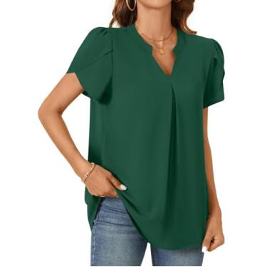 Imagem de Camisetas femininas de chiffon de verão blusas casuais pétala elegante camiseta túnica manga curta gola V tops, Verde, M
