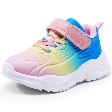 Imagem de Harvest Land Tênis infantil com glitter, sem cadarço, para meninos e meninas, casual, tecido respirável com sola macia e laço de gancho para atividades ao ar livre, Rosa - azul, 12 Toddler