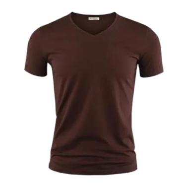 Imagem de Camiseta masculina cor pura gola V e O manga curta camisetas masculinas fitness para roupas masculinas 1, Café escuro com decote em V, 4G