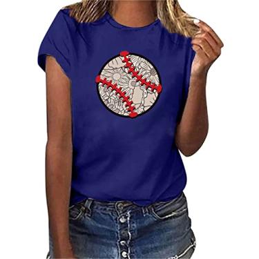 Imagem de Camiseta feminina de beisebol PKDong estampada, manga curta, gola redonda, blusa para sair para mulheres, beisebol, mamãe, Azul, GG