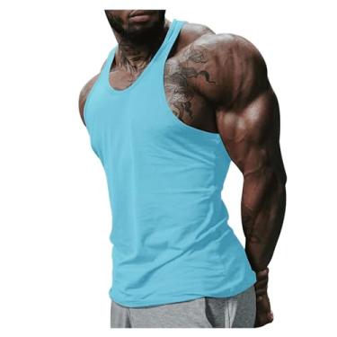 Imagem de Camiseta regata masculina, gola redonda, cor sólida, costas estilo nadador e caimento justo, sem mangas, Azul claro, M