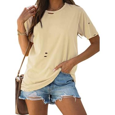 Imagem de EVALESS Camisetas femininas de verão de manga curta moda 2023 soltas casuais sexy gola redonda camisetas básicas, 8b bege, M
