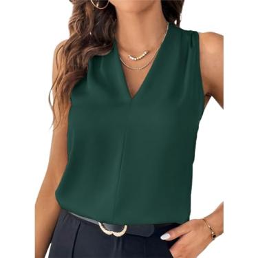 Imagem de EVALESS Regata feminina plissada, gola V, casual, sem mangas, camiseta básica de verão, Verde marinho, M
