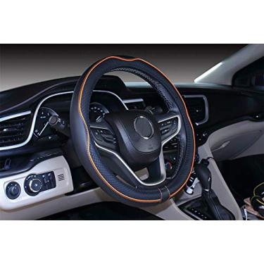 Imagem de Mayco Bell Capa de volante de tamanho padrão universal antiderrapante, segura, macia, respirável, durável, totalmente envolvente, couro de microfibra de aderência confortável (36,8-38,1 cm, preto laranja)