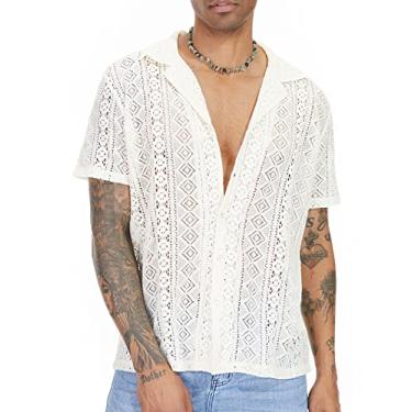 Imagem de URRU Camisa masculina de renda floral, manga curta, vazada, transparente, transparente, casual, abotoada, Bege, GG