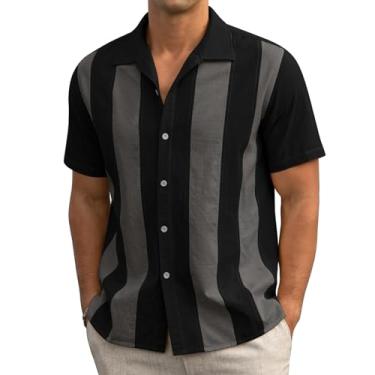 Imagem de Askdeer Camisa masculina de linho manga curta vintage verão casual camisa de botão camisa praia Cuba, A07 preto cinza escuro, GG