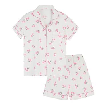 Imagem de Arssm Conjunto de pijama floral feminino, fofo, kawaii, 2 peças, conjunto de pijama estético, manga curta, roupa de dormir, Pinkcherry, M