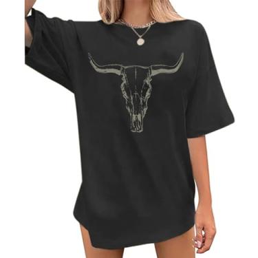 Imagem de Wrenpies Camisetas femininas Western Cow Skull Oversized Cowgirl Camiseta Country Graphic Tees Vintage Rodeo Camisetas Casuais, Preto, M