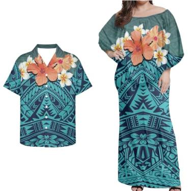 Imagem de Mornpassion Vestido polinésio feminino Puletasi Samoan manga morcego vestido havaiano camisa havaiana para casais plus size 2XS-7GG, Polinésio 18, P