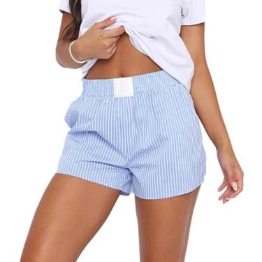 Imagem de Cocoday Short boxer feminino listrado Y2k cintura elástica fofo pijama curto verão solto shorts pijama shorts, Azul-celeste A, G