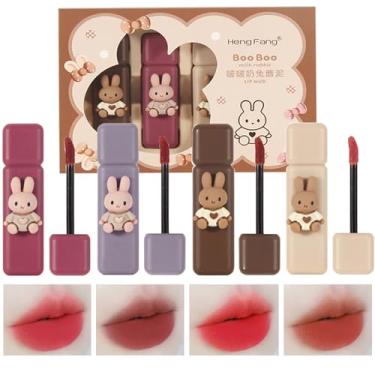 Imagem de Domality 4pcs Bunny Rabbit Package Lip Gloss Set, 4 Couleurs Matte Velvet Mousse Liquid Lipstick, Kit de Maquillage à Lèvres Imperméable Longue Durée Avec Paquet CadeauL8