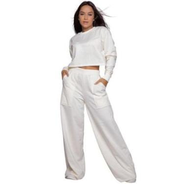 Imagem de Conjunto Cropped Calça Wide Leg Moletinho Vekyo Manga Longa e Flare Pantalona Cintura Alta-Feminino