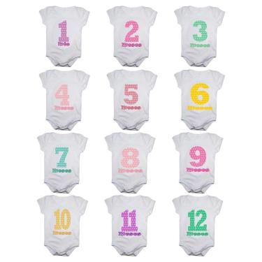 Imagem de Kit 12 Body Bebê Calupa Mesversario Manga Curta Números Coloridos 1 A 12 Meses Feminino-Feminino