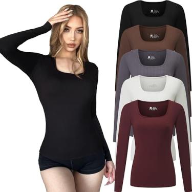 Imagem de FMNNNN 5 peças camiseta feminina canelada manga longa slim fit gola quadrada bodycon crop túnicas para sair, Pacote com 5: preto/branco/café/vermelho/cinza, P