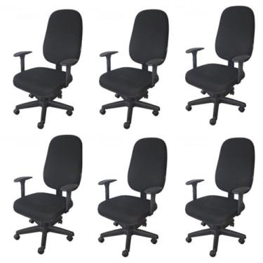 Imagem de Kit 6 Unidades Cadeira Escritório Secretária Giratória com Braço Regulável em Couro Preto