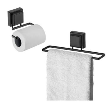 Imagem de Kit Suporte Lavabo Banheiro Preto Porta Toalha Rosto E Papeleira Conju