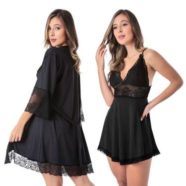 Imagem de Kit Robe Luxo e Camisola Sensual de Renda Lingerie Feminina - Empório 