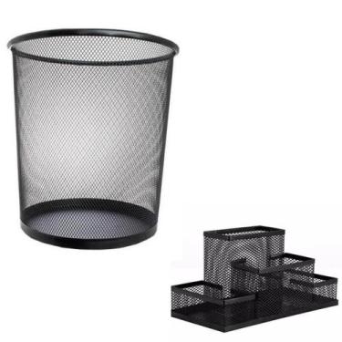Imagem de Lixeira para Escritorio e Porta Caneta Aramado Preto Gv Office