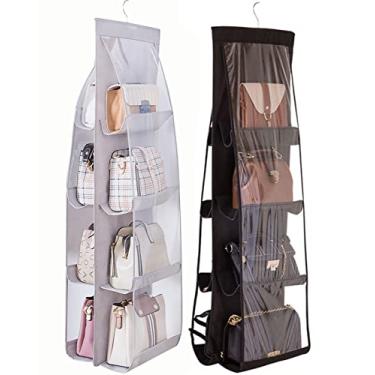 Imagem de AARAINBOW 2 pacotes de organizador de bolsa de mão suspenso, fibra de poliéster respirável + organizador de bolsa de PVC, 8 bolsos de fácil acesso, organizadores de armário de guarda-roupa, lavável, 116 C x 35 L (B preto cinza)