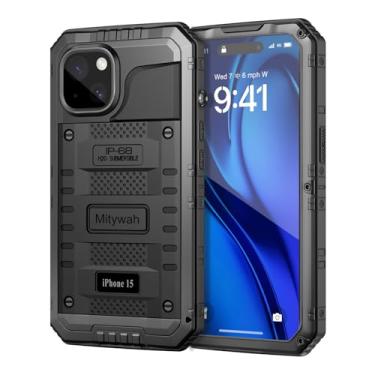 Imagem de Mitywah Capa à prova d'água para iPhone 15, capa resistente à prova de choque com protetor de tela integrado, capa de metal protetora subaquática de corpo inteiro de 6,1 polegadas, preta
