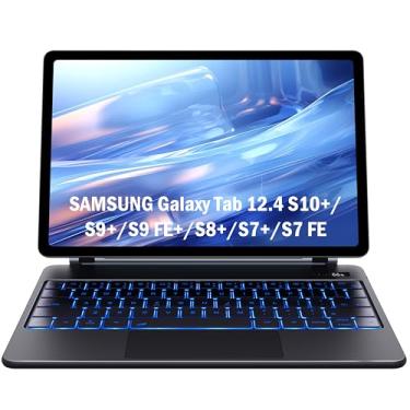 Imagem de CHESONA Capa teclado Samsung Galaxy Tab S10+ Plus/S9+ Plus/S9 FE+ Plus/S8+ Plus/S7+ Plus/S7 FE, 12,4 pol, suporte magnético cantilever, touchpad, retroiluminado, suporte caneta, visor bateria, preta