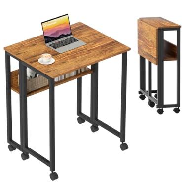 Imagem de GreenForest Mesa dobrável pequena com rodinhas com prateleira de armazenamento, mesa de computador dobrável de 80 cm com rodas para espaço pequeno, montagem fácil, nogueira