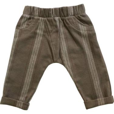 Imagem de Calça bebê unissex saruel com recorte flanela marrom listras - Dudsbb,