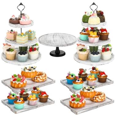 Imagem de Havawish Conjunto de 7 peças de suporte de bolo de madeira, suporte de cupcake de madeira de 3 camadas, suporte redondo para bolo de madeira, bandeja retangular para servir de madeira, para exibição