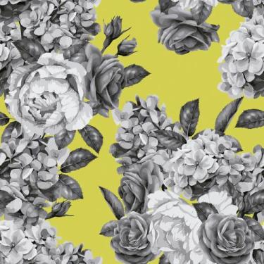 Imagem de Papel De Parede Adesivo Flor Preto E Branco Fundo Amarelo Sala Quarto 