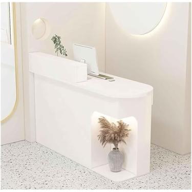 Imagem de Mesa de recepção de salão com balcão moderno pequeno caixa recepção com gavetas trancáveis e luz de LED balcão de recepção para salão de beleza escritório, branco